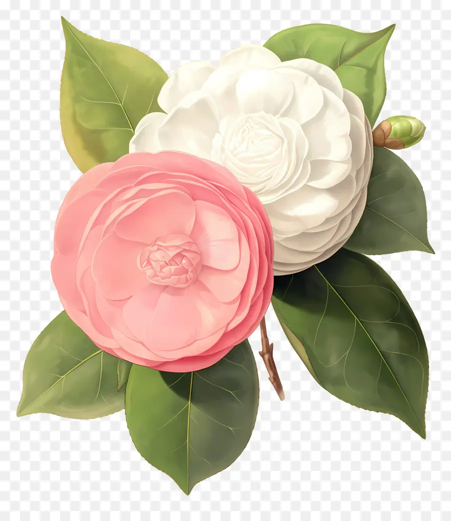 Camélias，Fleurs Roses Et Blanches PNG