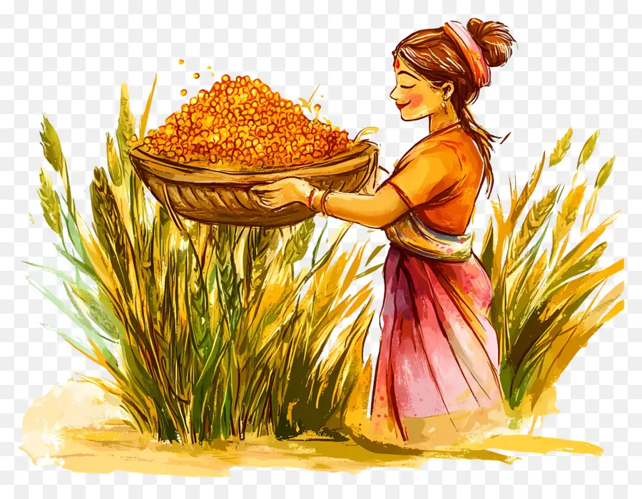 Joyeux Chhath Puja，Femme Avec Panier De Fleurs PNG