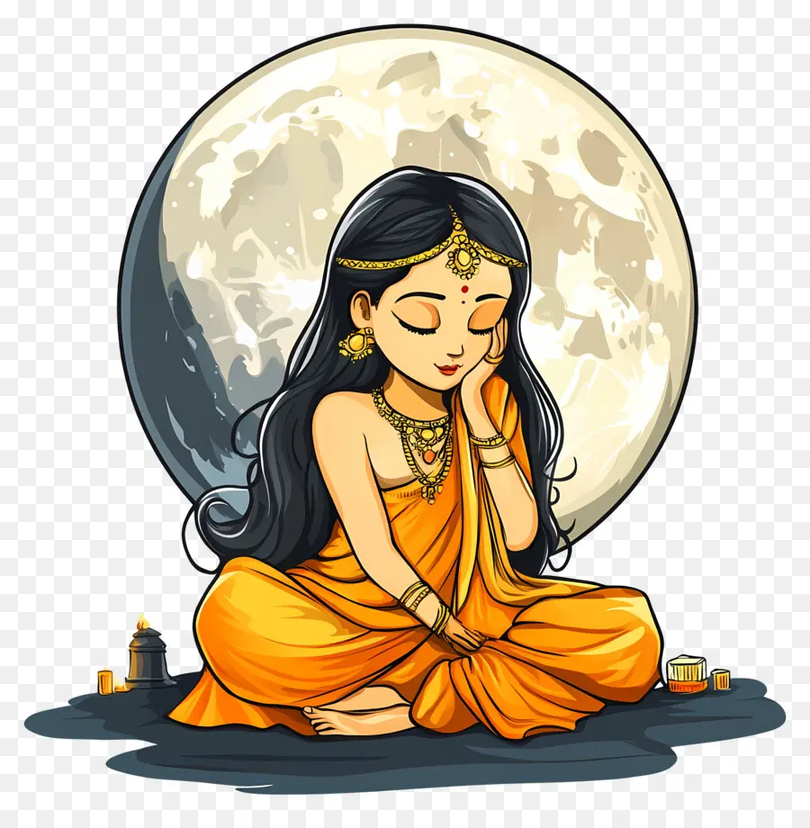 Sharad Purnima，Fille Avec La Lune PNG