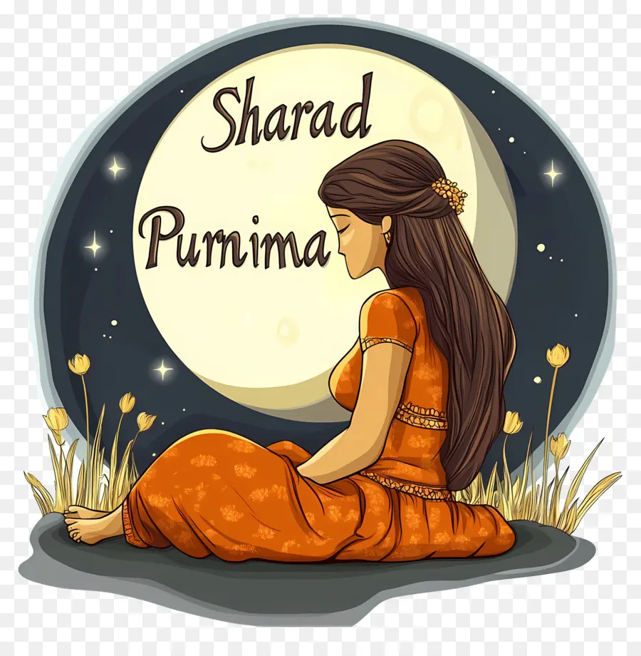 Sharad Purnima，Femme Avec La Lune PNG