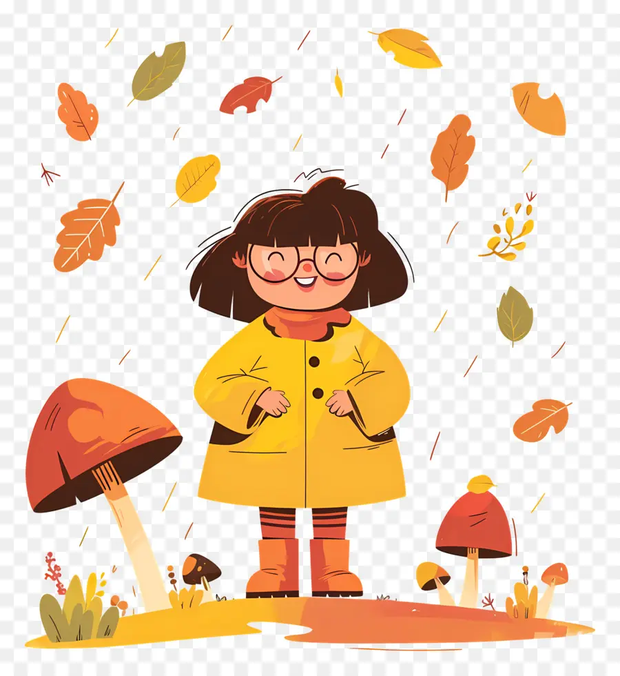 Fond D'automne，Fille En Manteau Jaune PNG