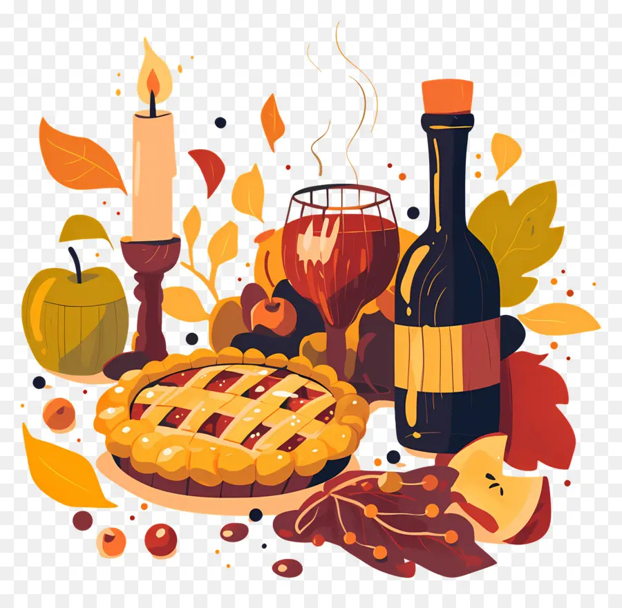 Nourriture De Thanksgiving，Tarte D'automne Et Vin PNG