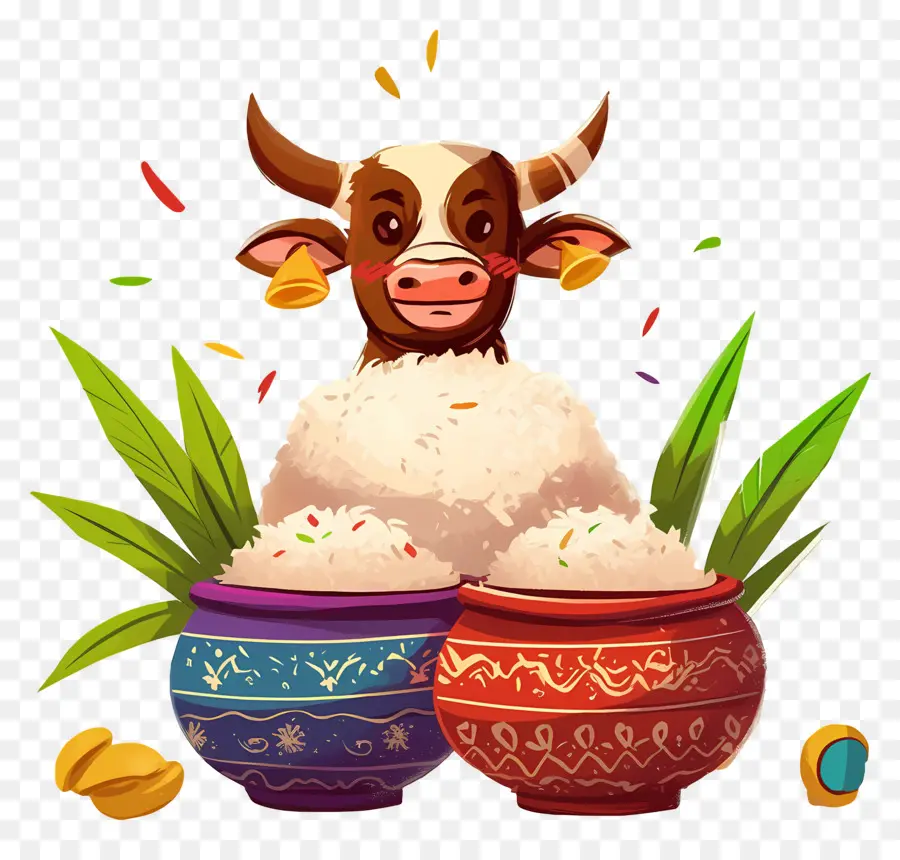 Pongal，Vache Décorée Avec Des Pots PNG