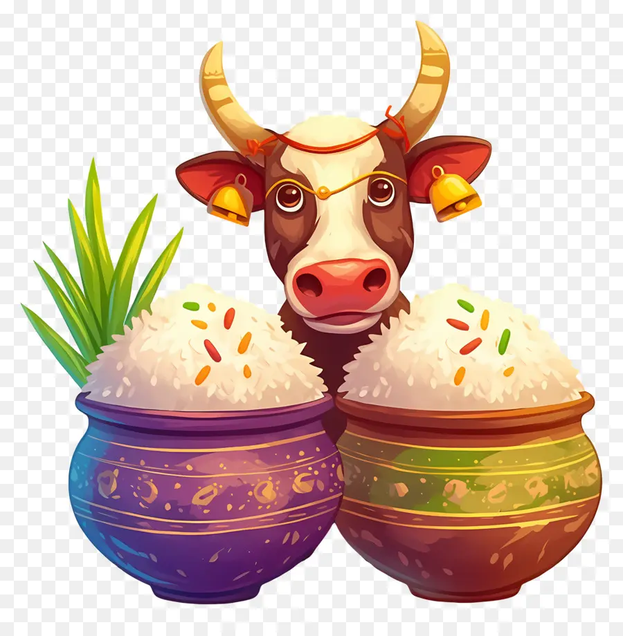 Pongal，Vache Décorée Avec Des Pots PNG