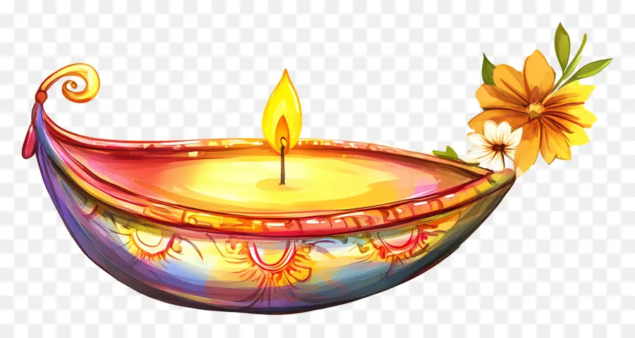 Joyeux Karthika Purnima，Diya Colorée Avec Des Fleurs PNG