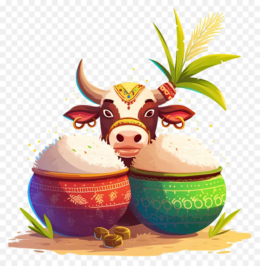 Pongal，Vache Décorée Avec Des Pots PNG