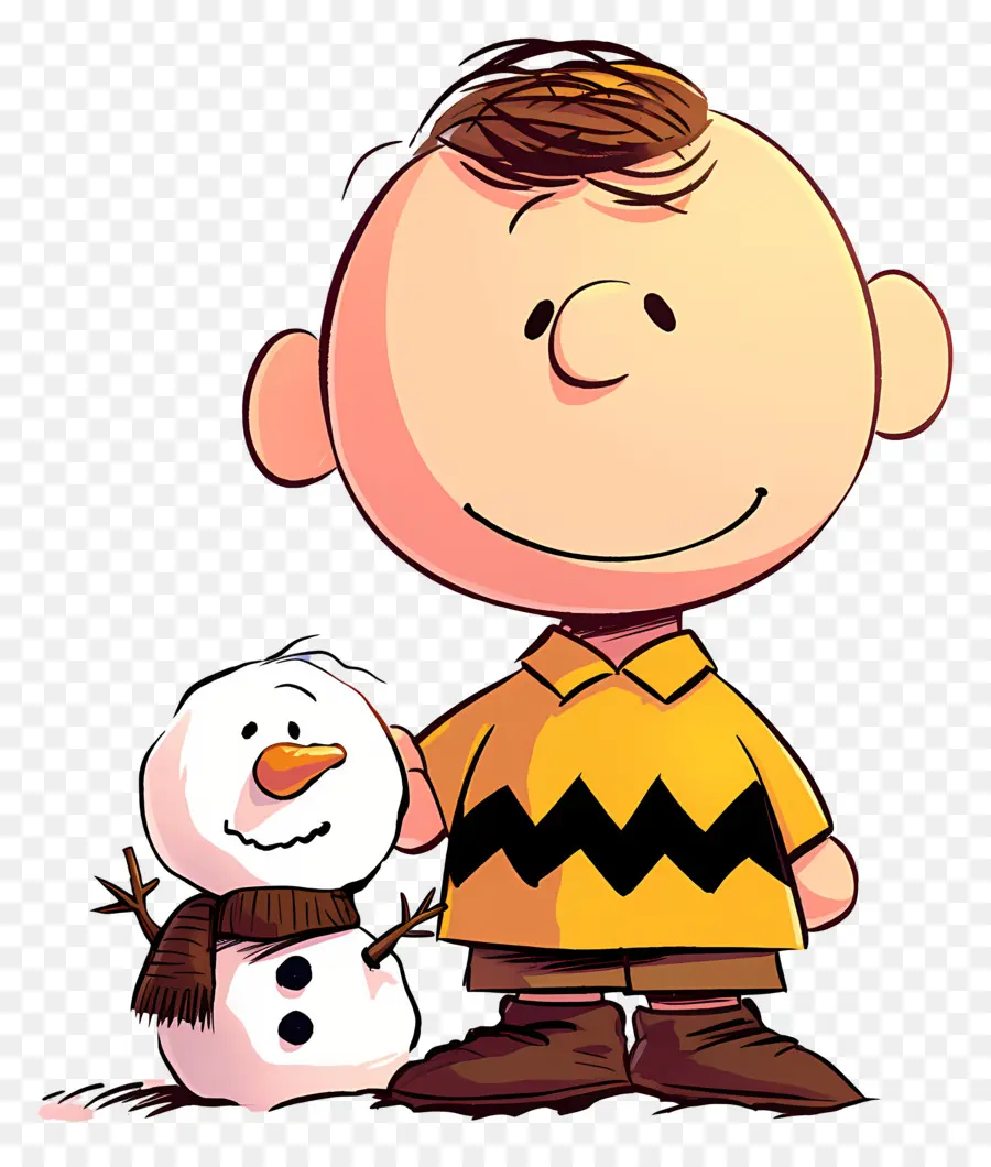 Charlie Brun，Garçon De Dessin Animé Avec Bonhomme De Neige PNG