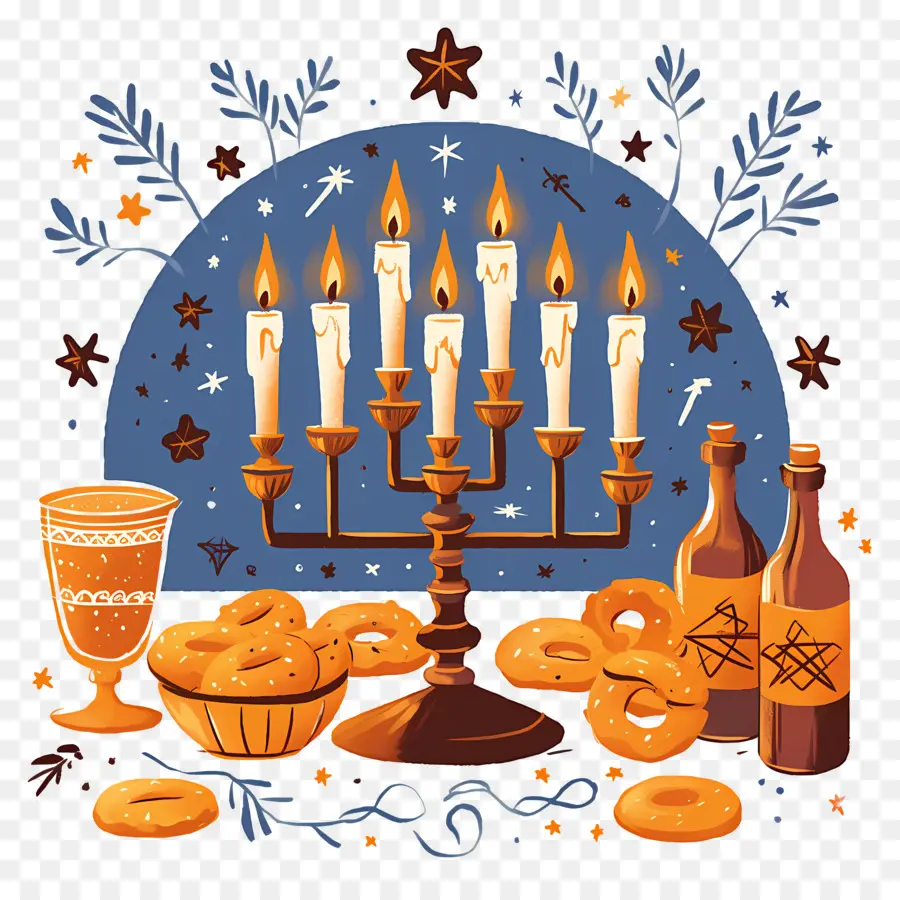 Hanoukka，Hanoukka Menorah Et Friandises PNG