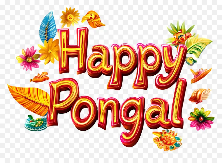 Joyeux Pongal，Texte Avec Des Fleurs PNG