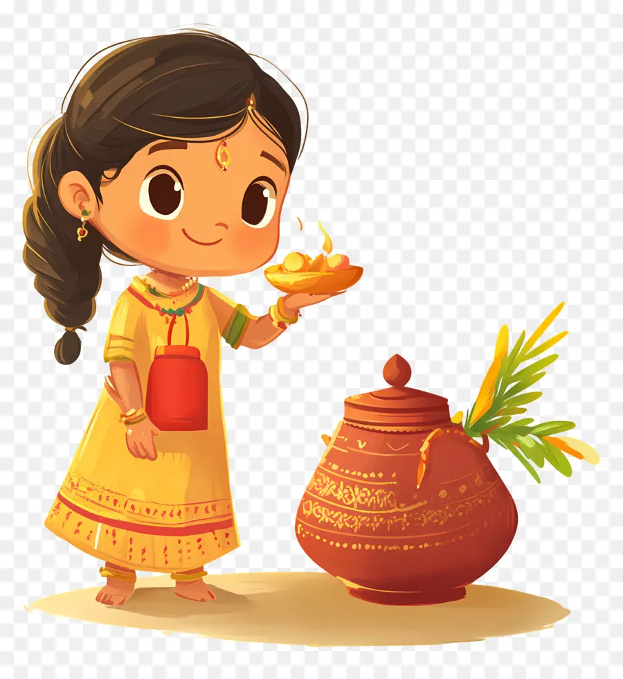 Joyeux Pongal，Fille Avec Lampe Et Pot PNG