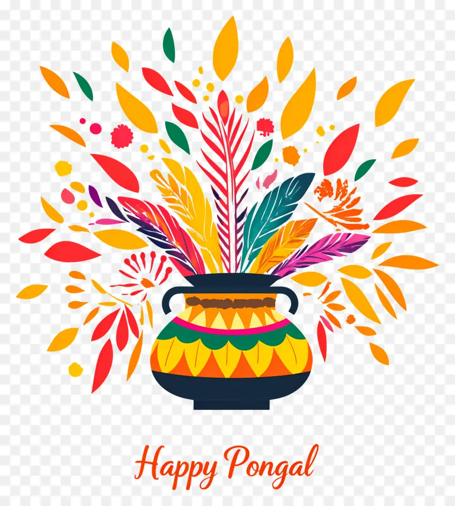 Joyeux Pongal，Pot Coloré Avec Des Plumes PNG