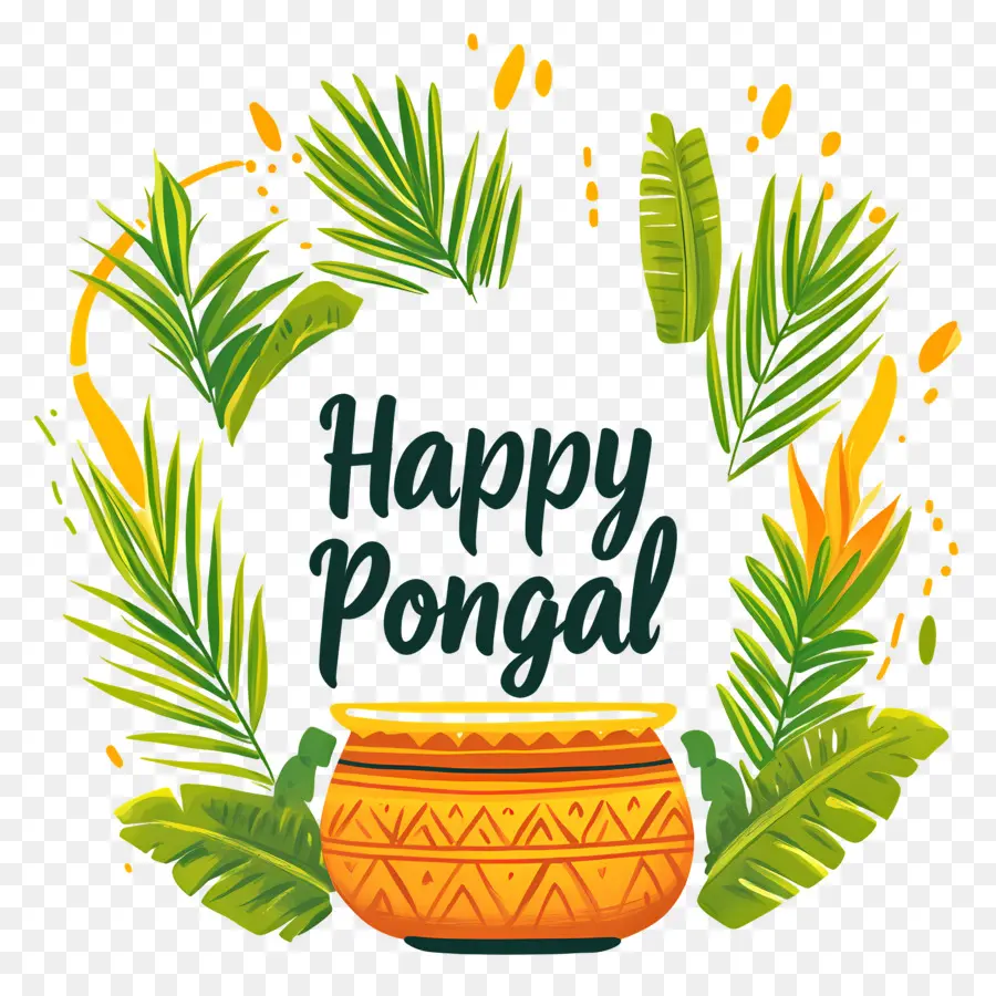 Joyeux Pongal，Pot Décoratif Et Feuilles PNG