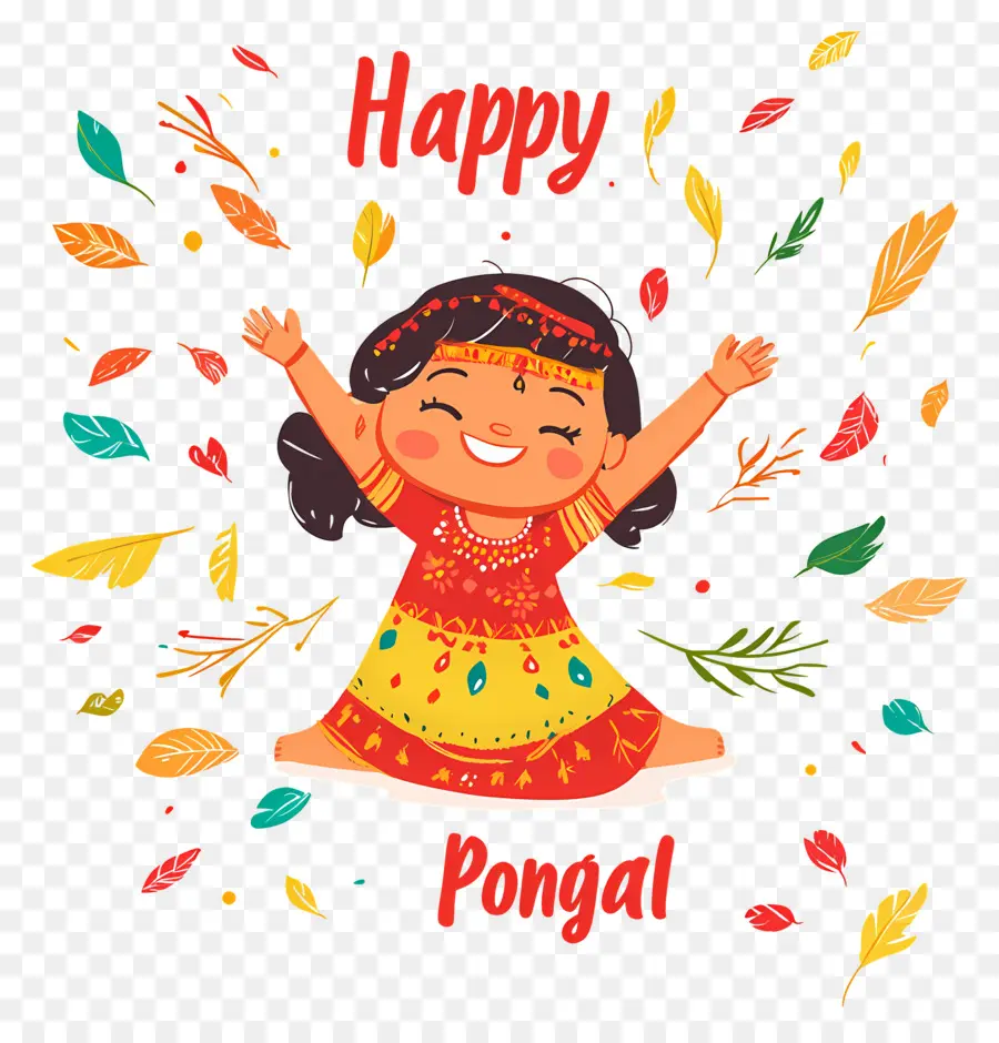 Joyeux Pongal，Fille Heureuse Avec Des Feuilles PNG