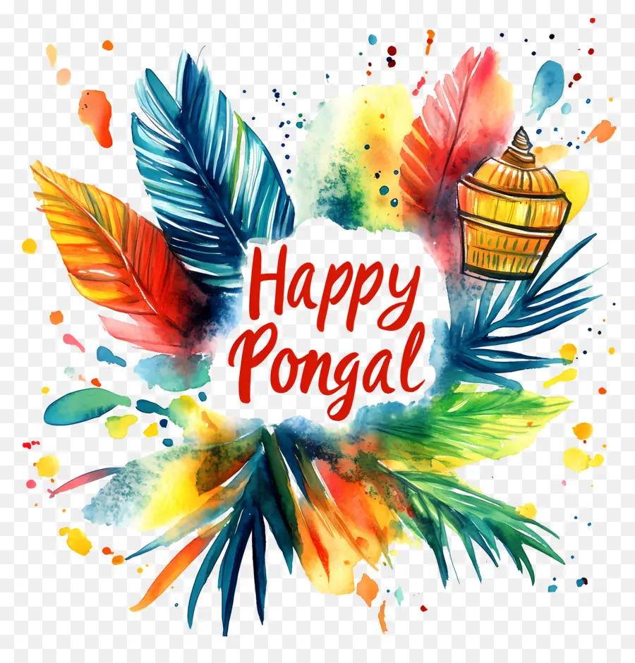 Joyeux Pongal，Feuilles Colorées Et Lanterne PNG