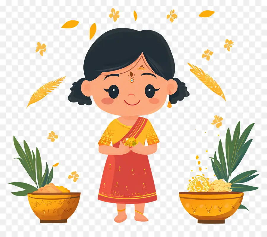 Joyeux Pongal，Fille De Dessin Animé Avec Des Objets Pongal PNG