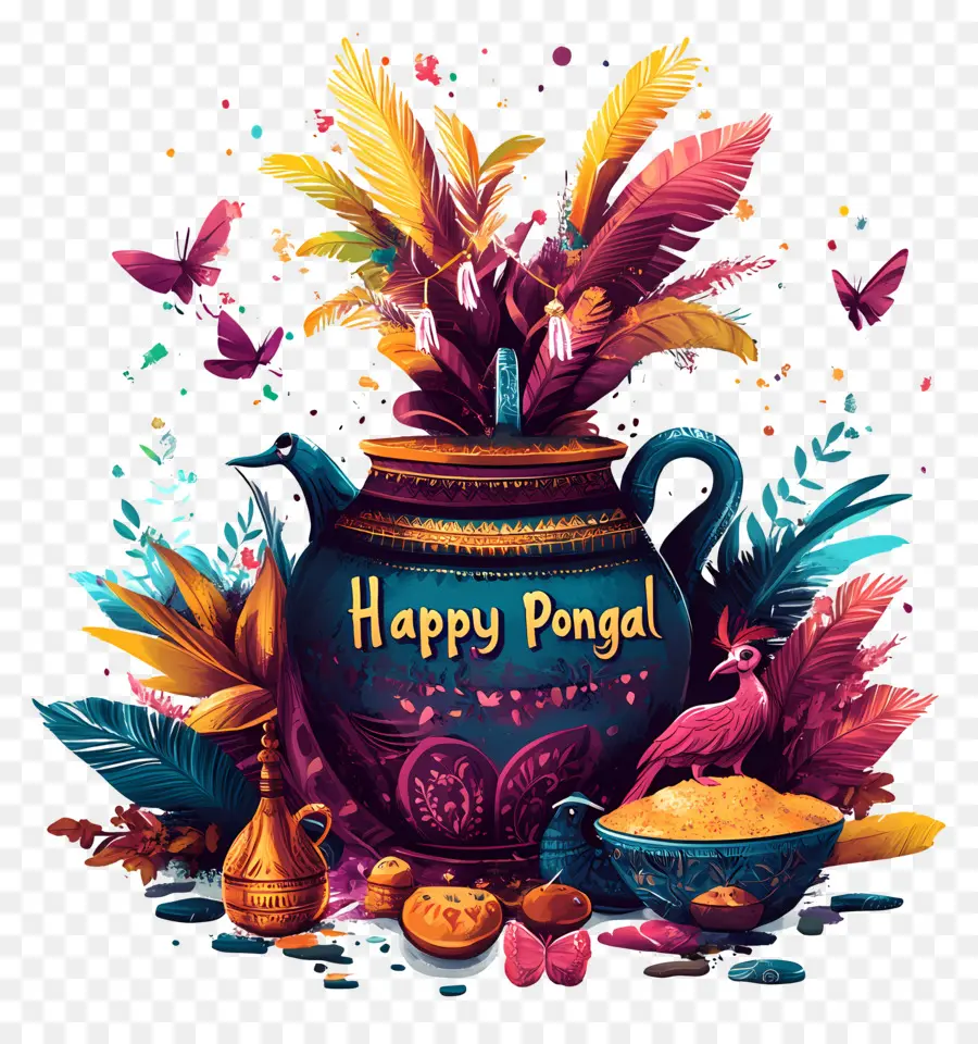 Joyeux Pongal，Pot Décoratif Avec Plumes PNG