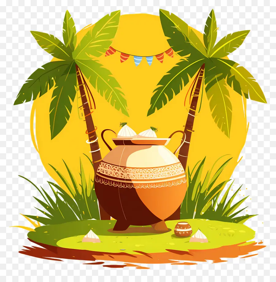 Pot Pongal，Pot Avec Des Palmiers PNG