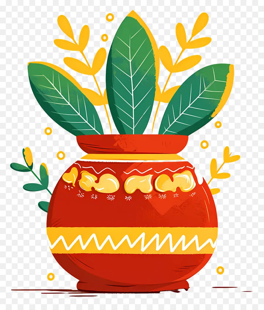 Pot Pongal，Pot Rouge Avec Des Feuilles PNG