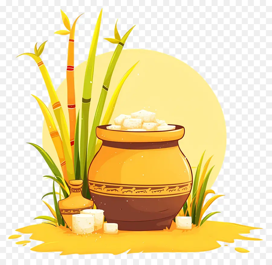 Pot Pongal，Pot Avec De La Canne à Sucre PNG