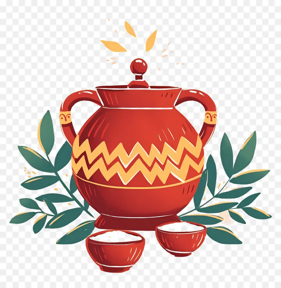 Pot Pongal，Pot Rouge Avec Tasses PNG