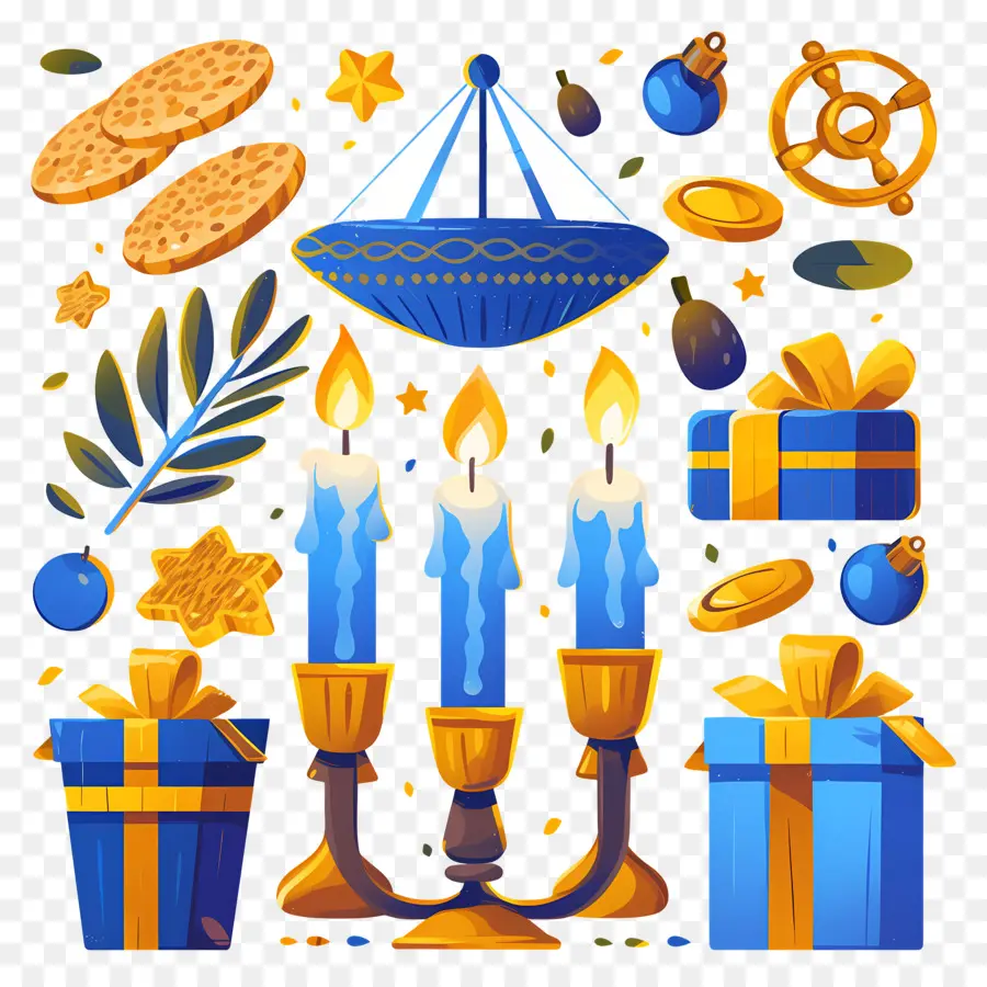 Joyeux Hanoukka，Menorah Avec Des Cadeaux PNG