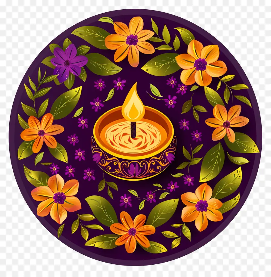 Fleur Traditionnelle Indienne，Diya Avec Des Fleurs PNG