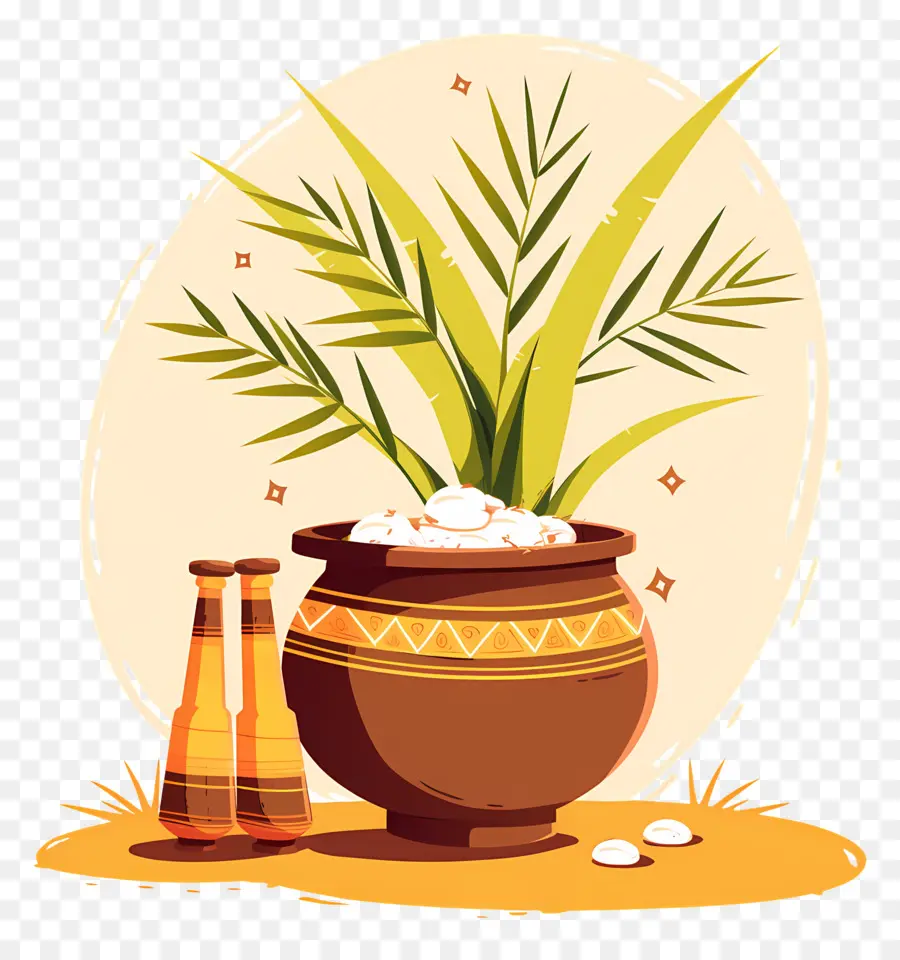 Pot Pongal，Pot Décoratif Avec Feuilles De Palmier PNG