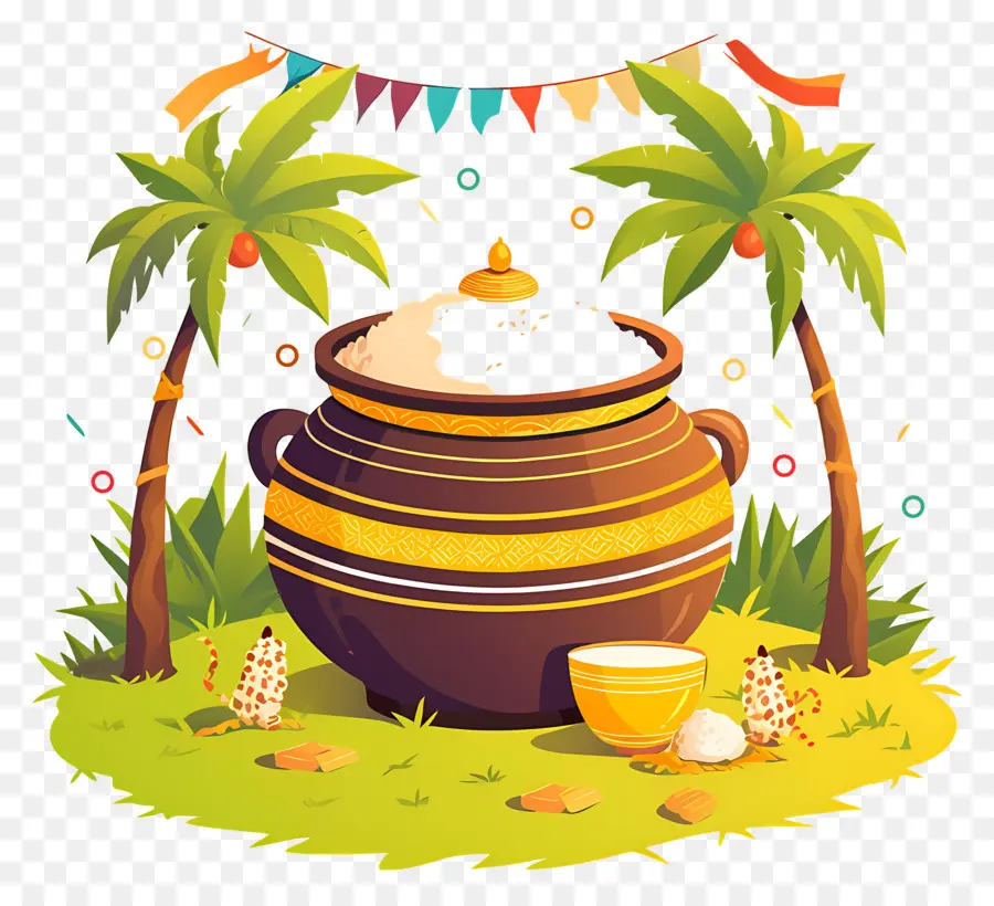 Pot Pongal，Pot Décoratif Avec Palmiers PNG