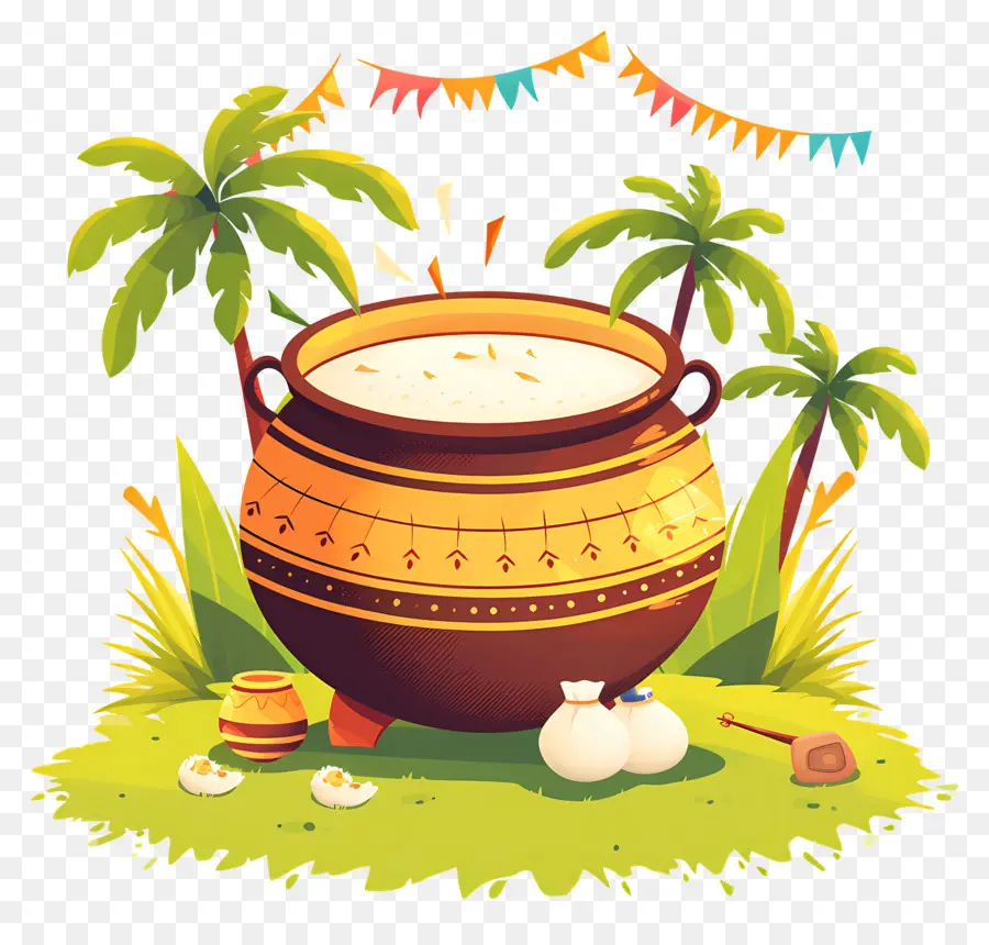 Pot Pongal，Pot Décoratif Avec Palmiers PNG