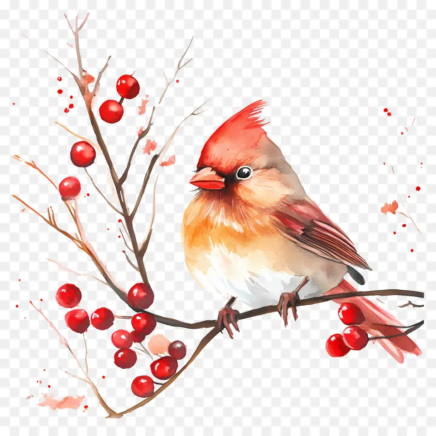 Aquarelle De Noël，Cardinal Sur Branche De Berry PNG