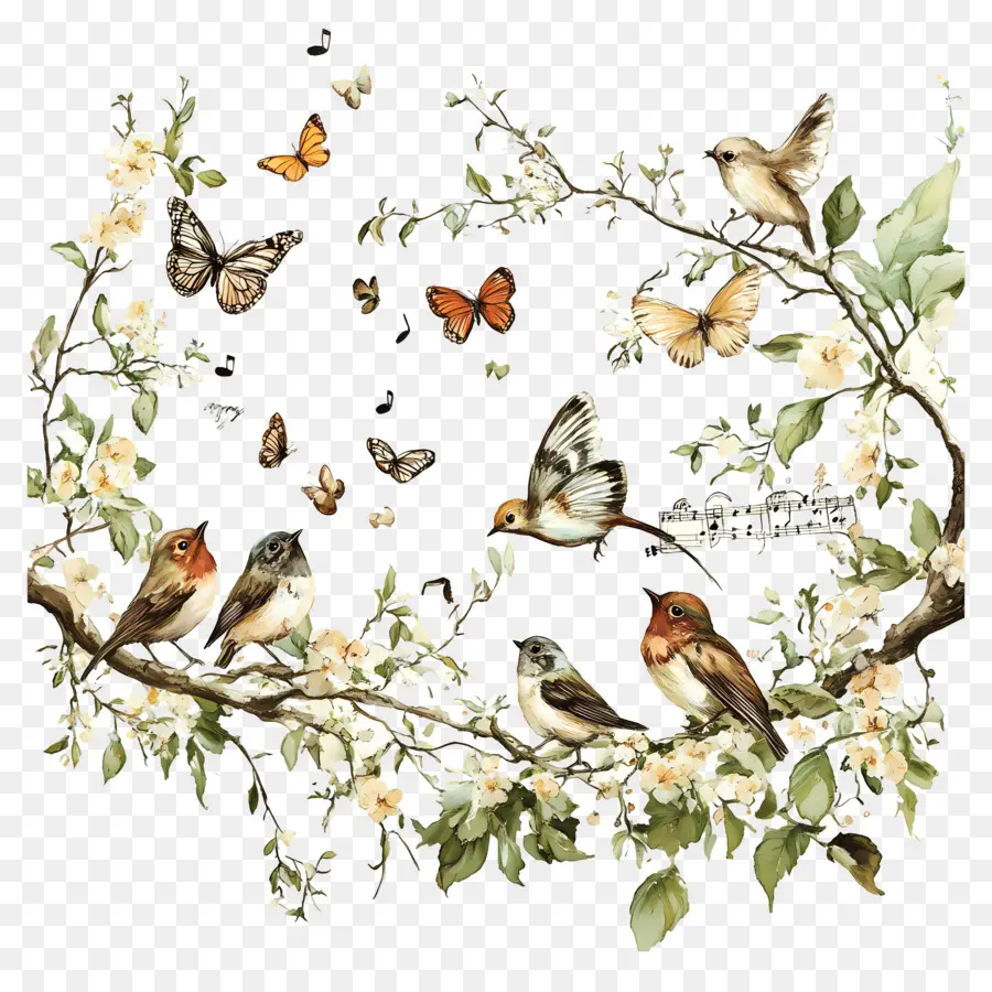 Musique，Oiseaux Et Papillons PNG