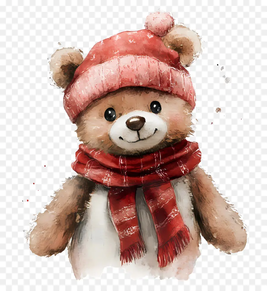 Aquarelle De Noël，Ours En Peluche Avec Chapeau PNG