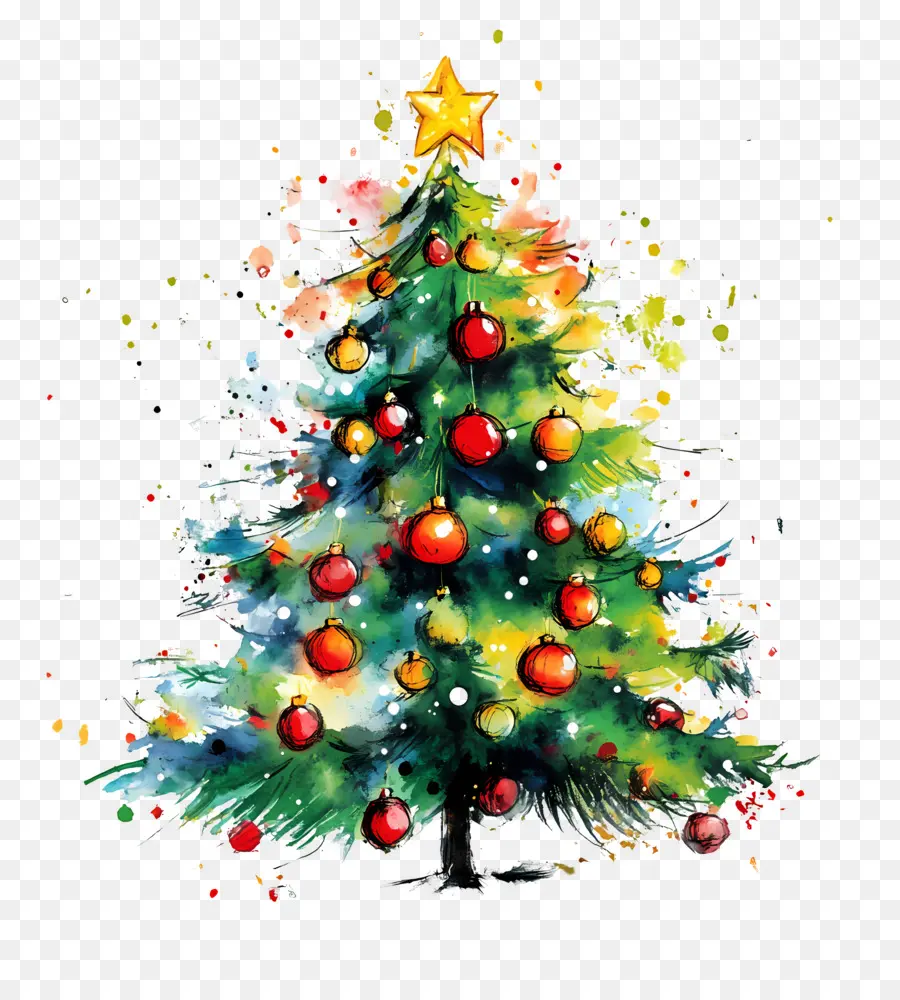 Aquarelle De Noël，Arbre De Noël Décoré De Couleurs Vives PNG