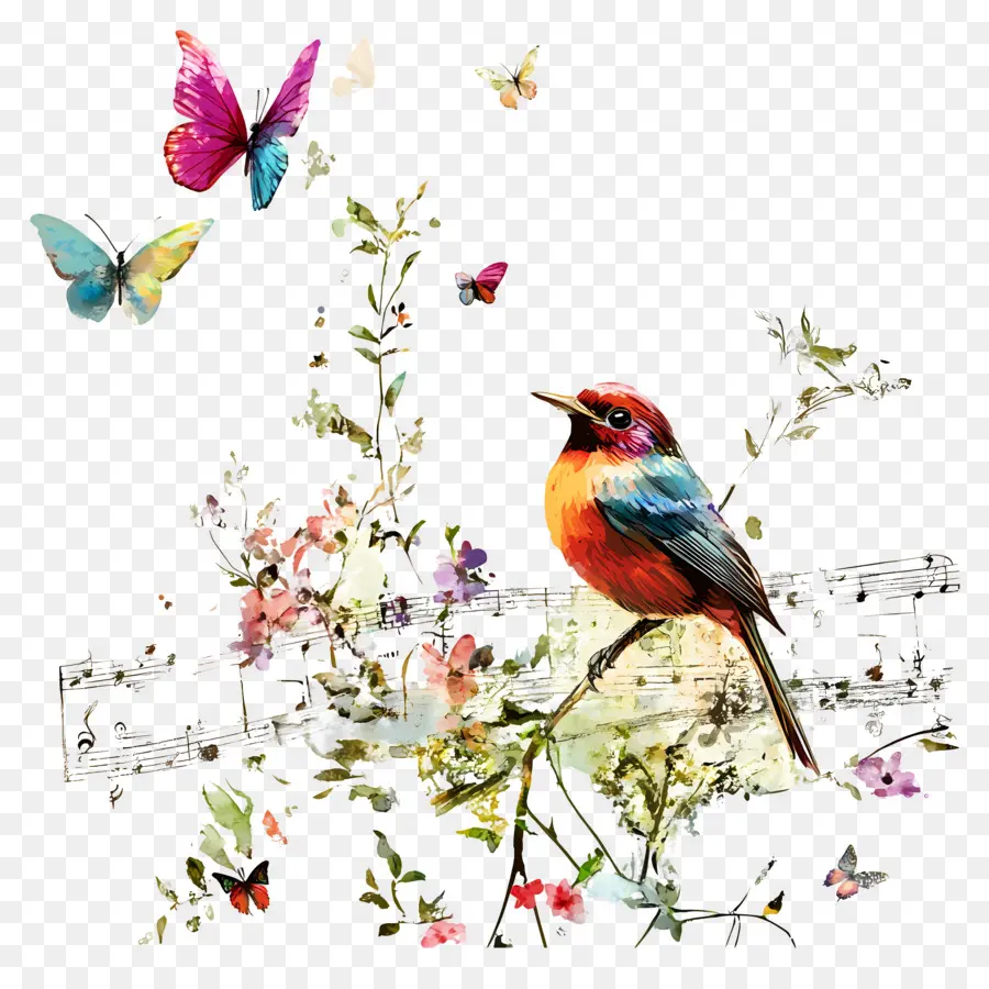 Musique，Oiseau Et Papillons PNG