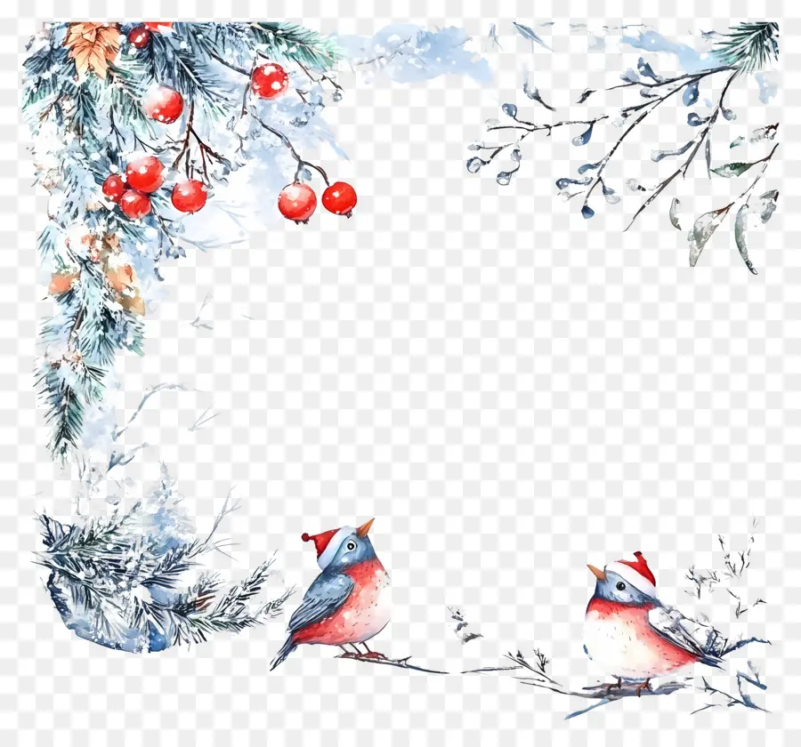 Cadre D'hiver，Oiseaux Avec Des Chapeaux De Père Noël PNG