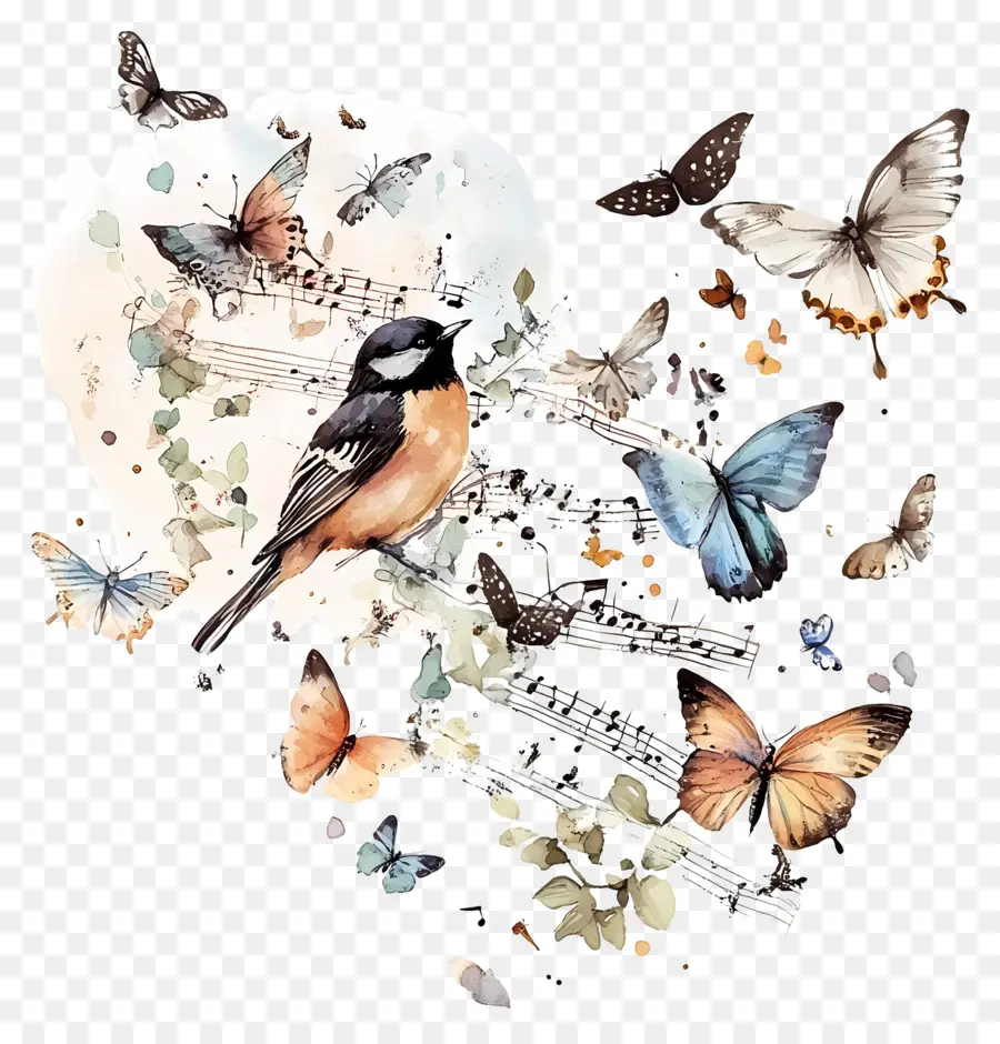 Musique，Oiseau Et Papillons PNG