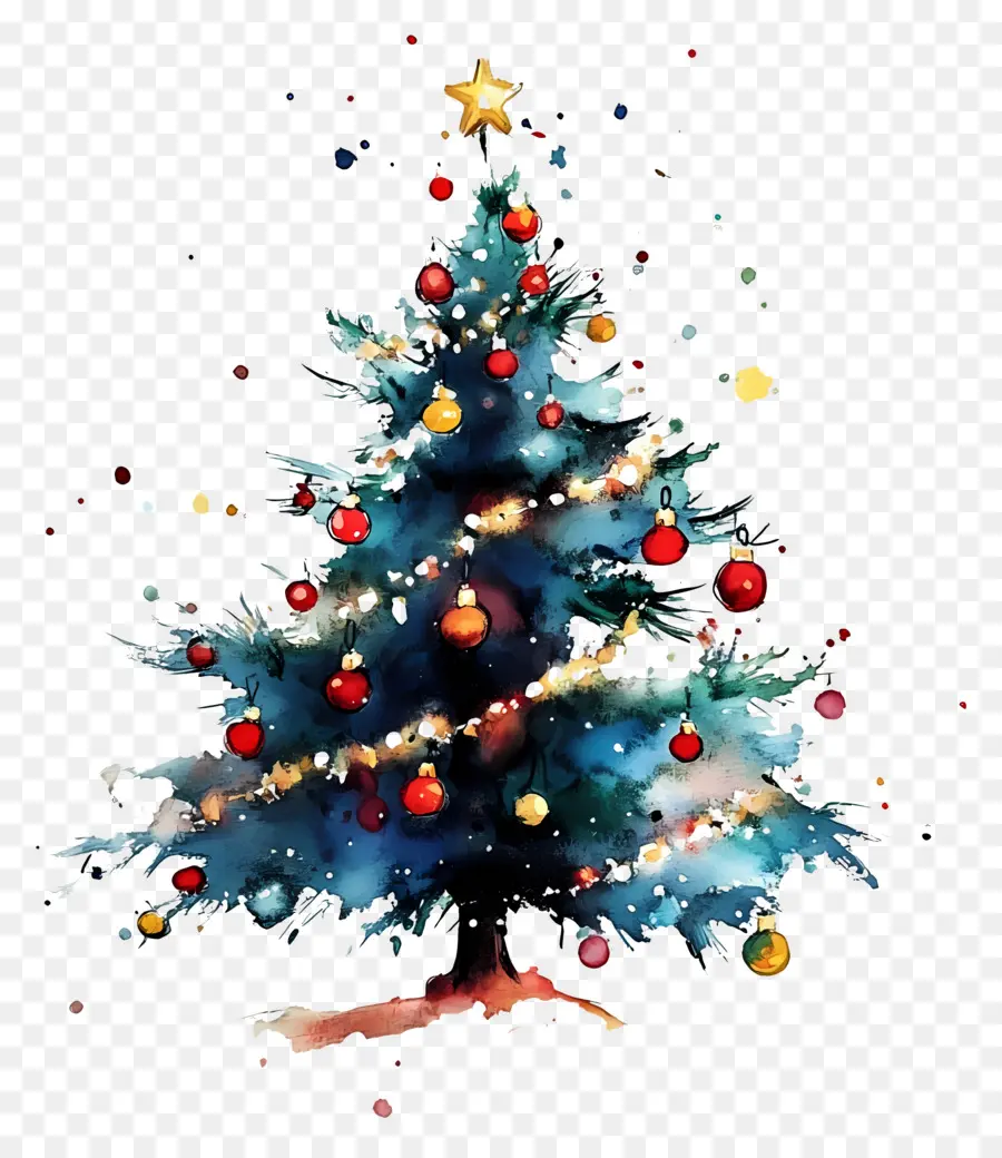 Aquarelle De Noël，Arbre De Noël Décoré De Couleurs Vives PNG