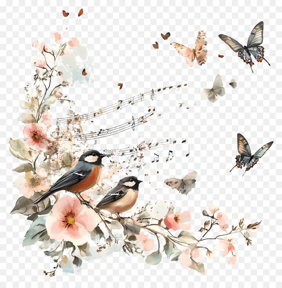 Musique，Oiseaux Et Papillons PNG