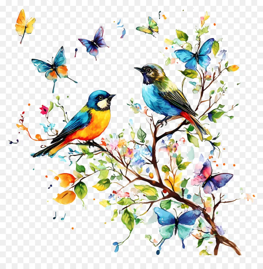 Musique，Oiseaux Et Papillons PNG