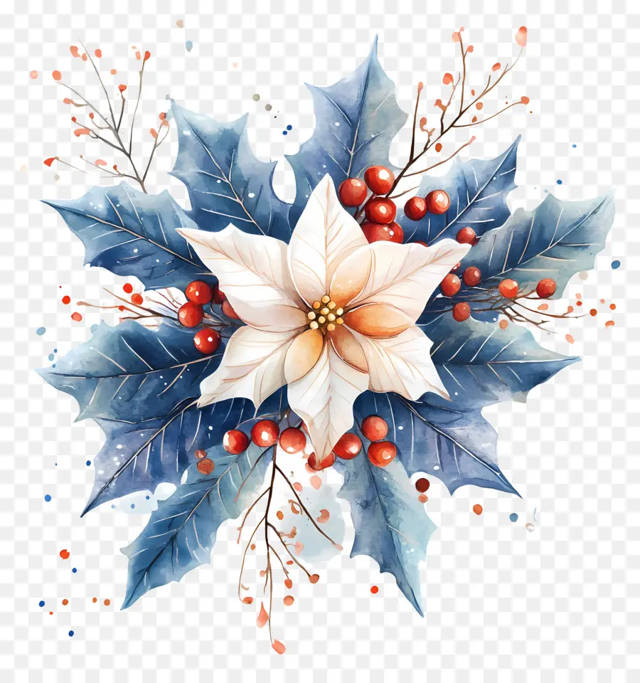 Aquarelle De Noël，Poinsettia Et Houx PNG