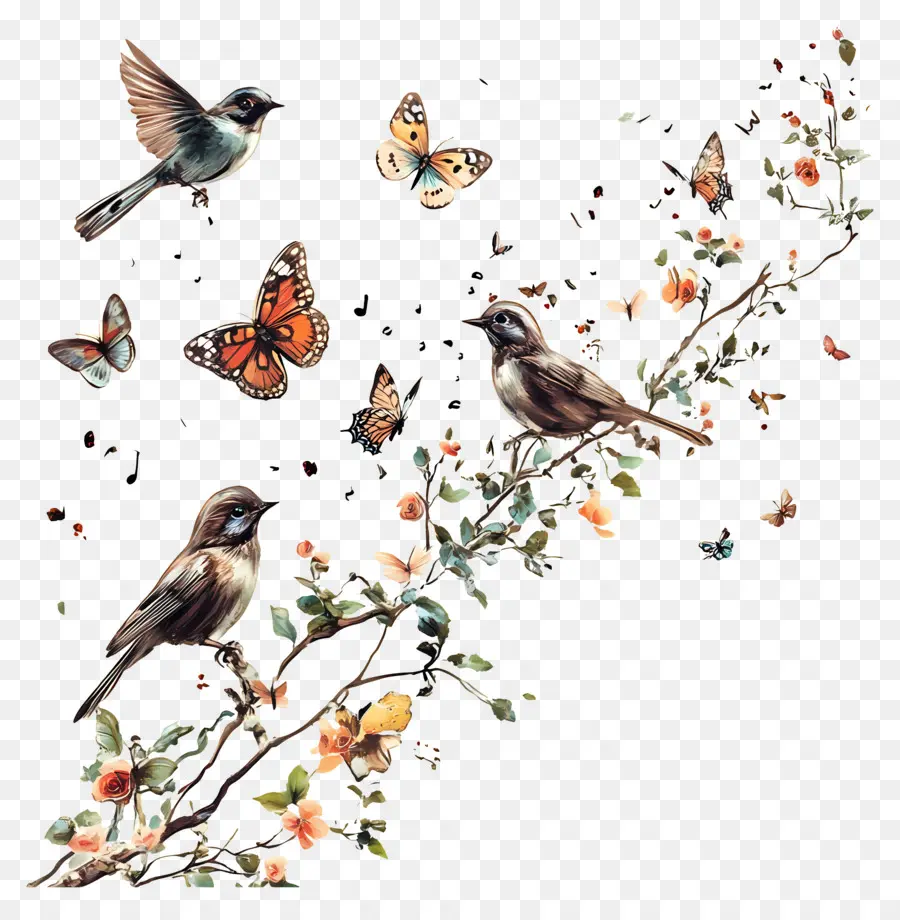 Musique，Oiseaux Et Papillons PNG