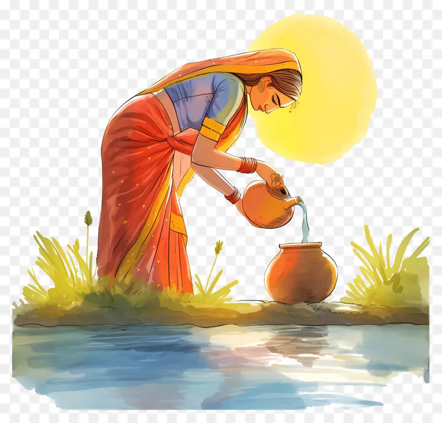 Chhath Puja，Femme Versant De L'eau PNG