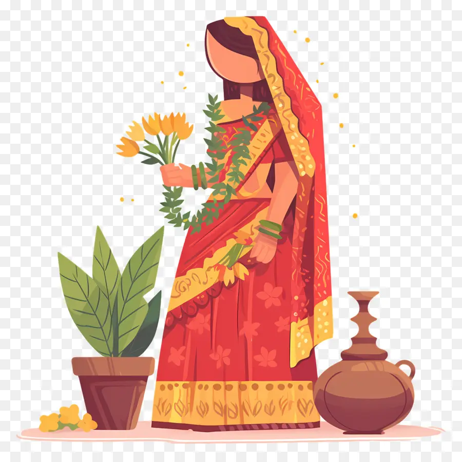 Femme Indienne，Femme Traditionnelle Avec Des Fleurs PNG