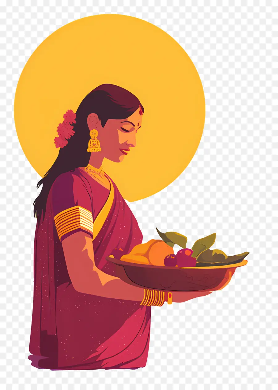 Chhath Puja，Femme Avec Plateau De Fruits PNG