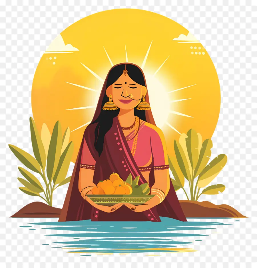 Chhath Puja，Femme Avec Des Offrandes PNG