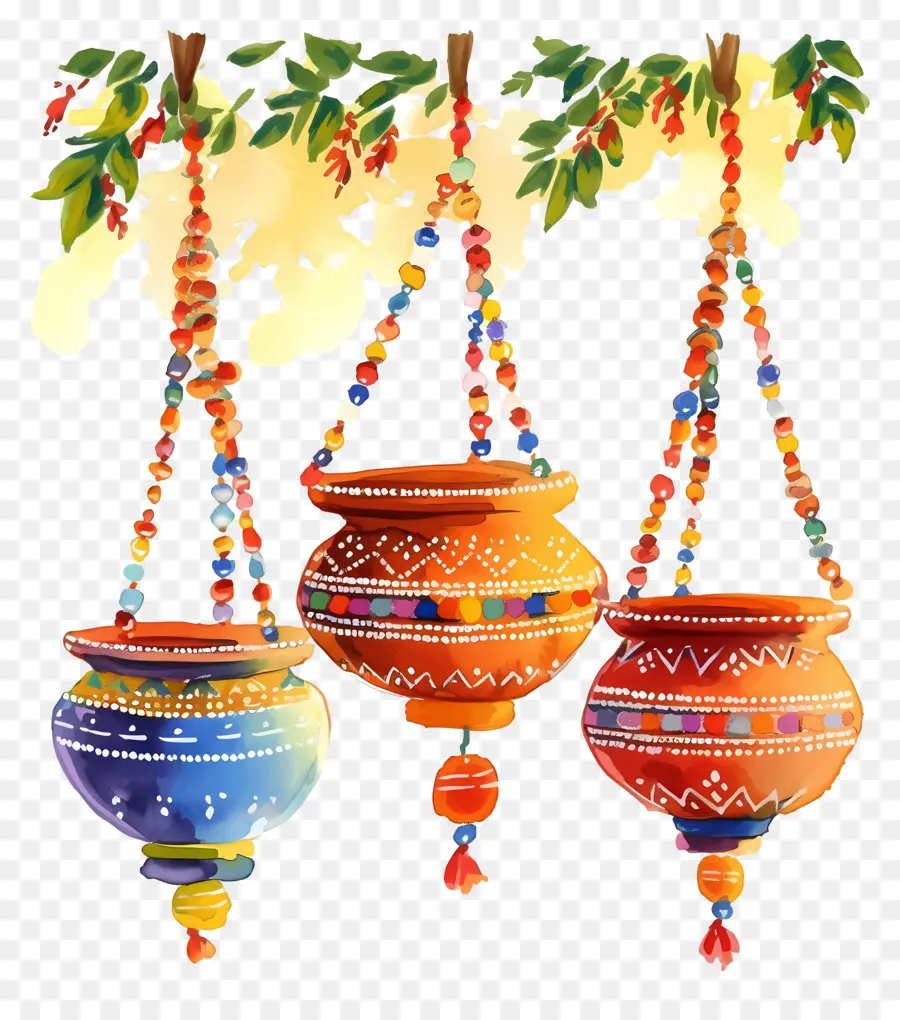 Dahi Handi，Pots Suspendus Colorés PNG