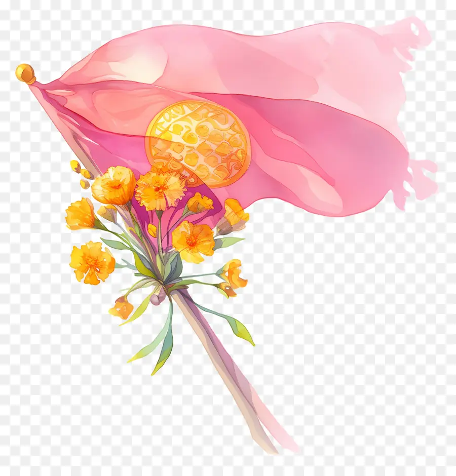 Drapeau Rose，Drapeau Rose Avec Des Fleurs PNG