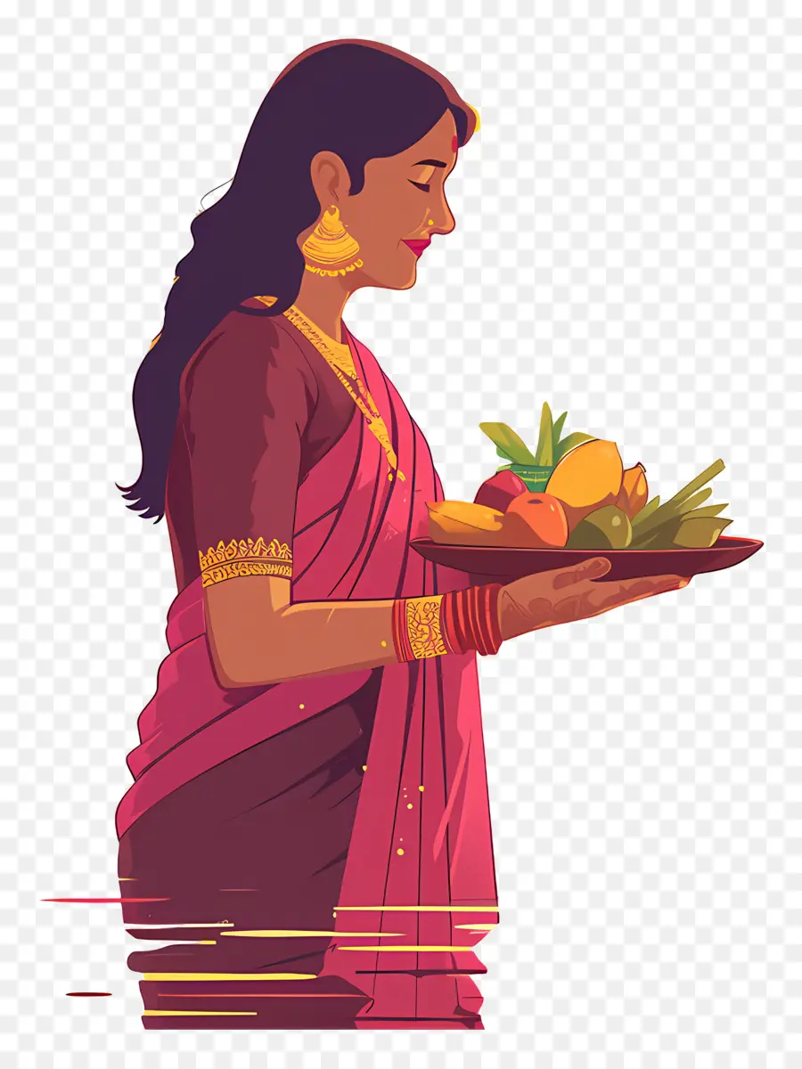 Chhath Puja，Femme Avec Plateau De Fruits PNG