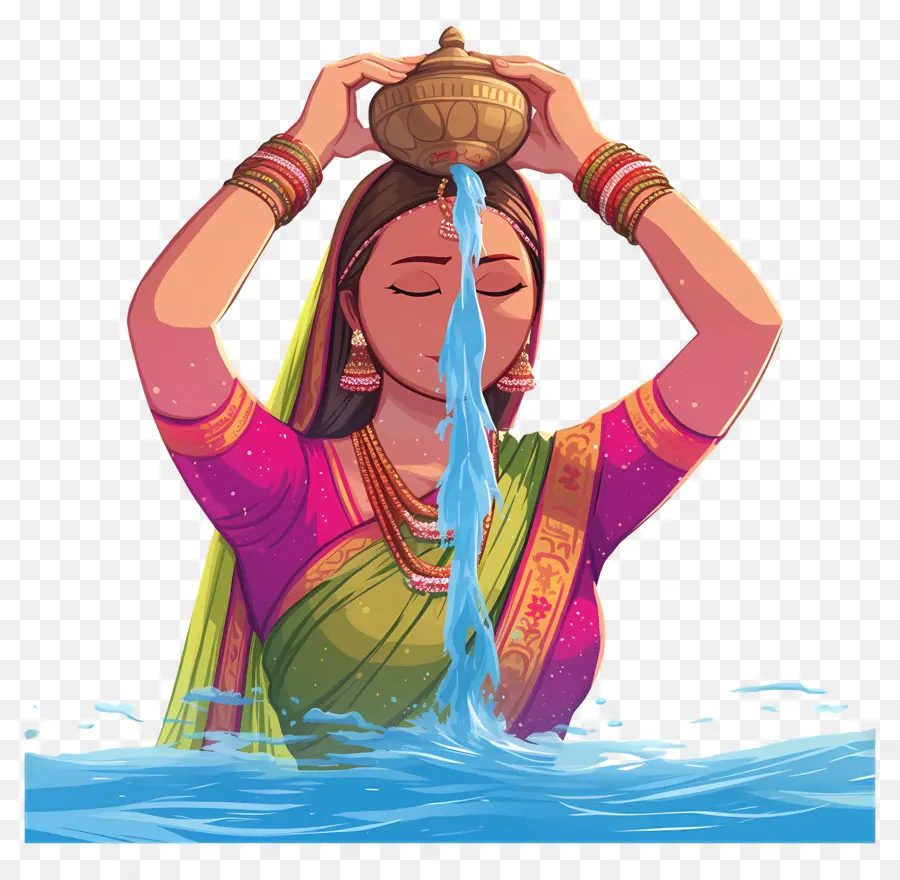 Chhath Puja，Femme Avec Pot D'eau PNG