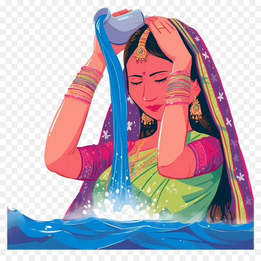 Chhath Puja，Femme Avec Pot D'eau PNG